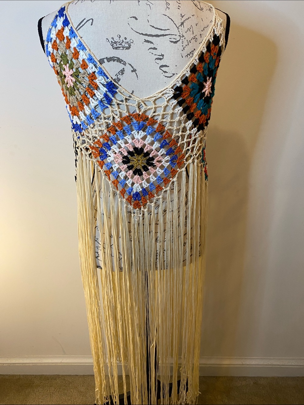 Crochet Multi Color Fringe Vest Top Cover up 
 With adjustable tie straps - Picture 4 of 4